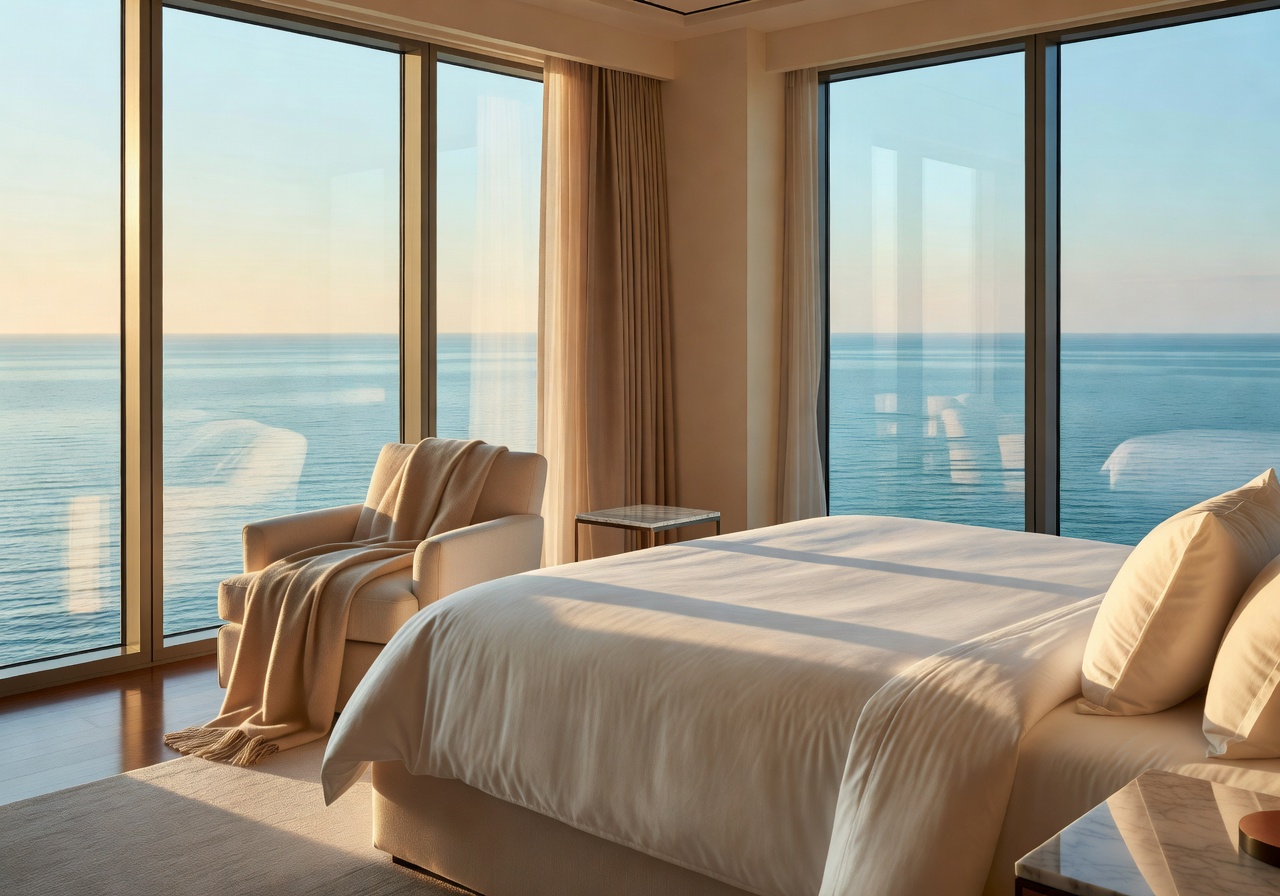 Ocean View Suite interior showing warm natural lighting and premium linen
