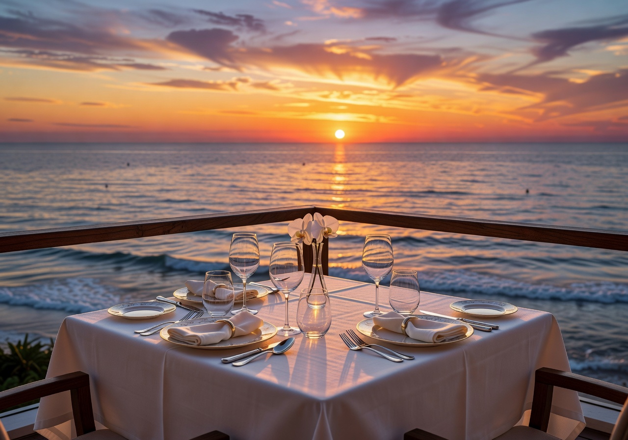 Elegant dining table set overlooking the ocean at sunset