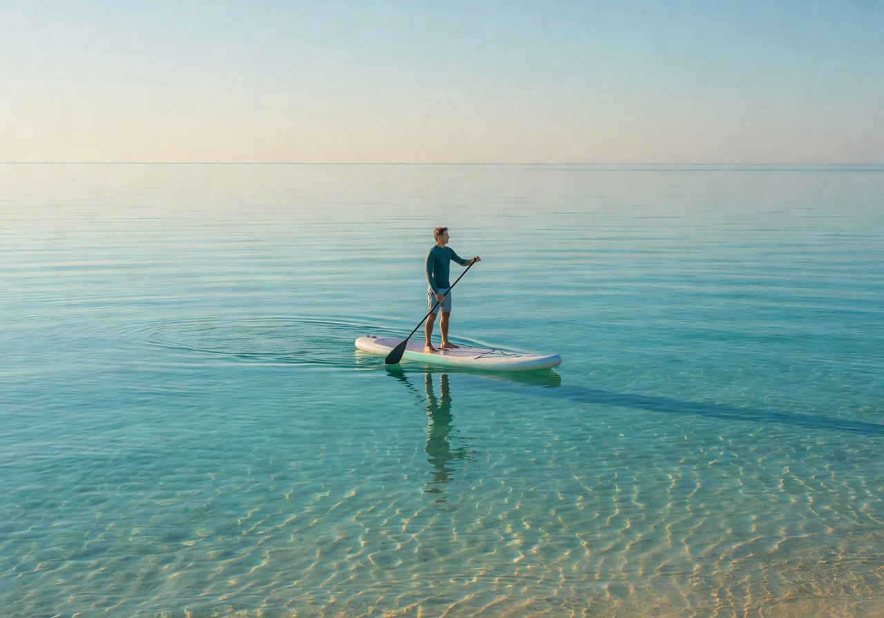 Guest paddleboarding on calm, clear aqua water