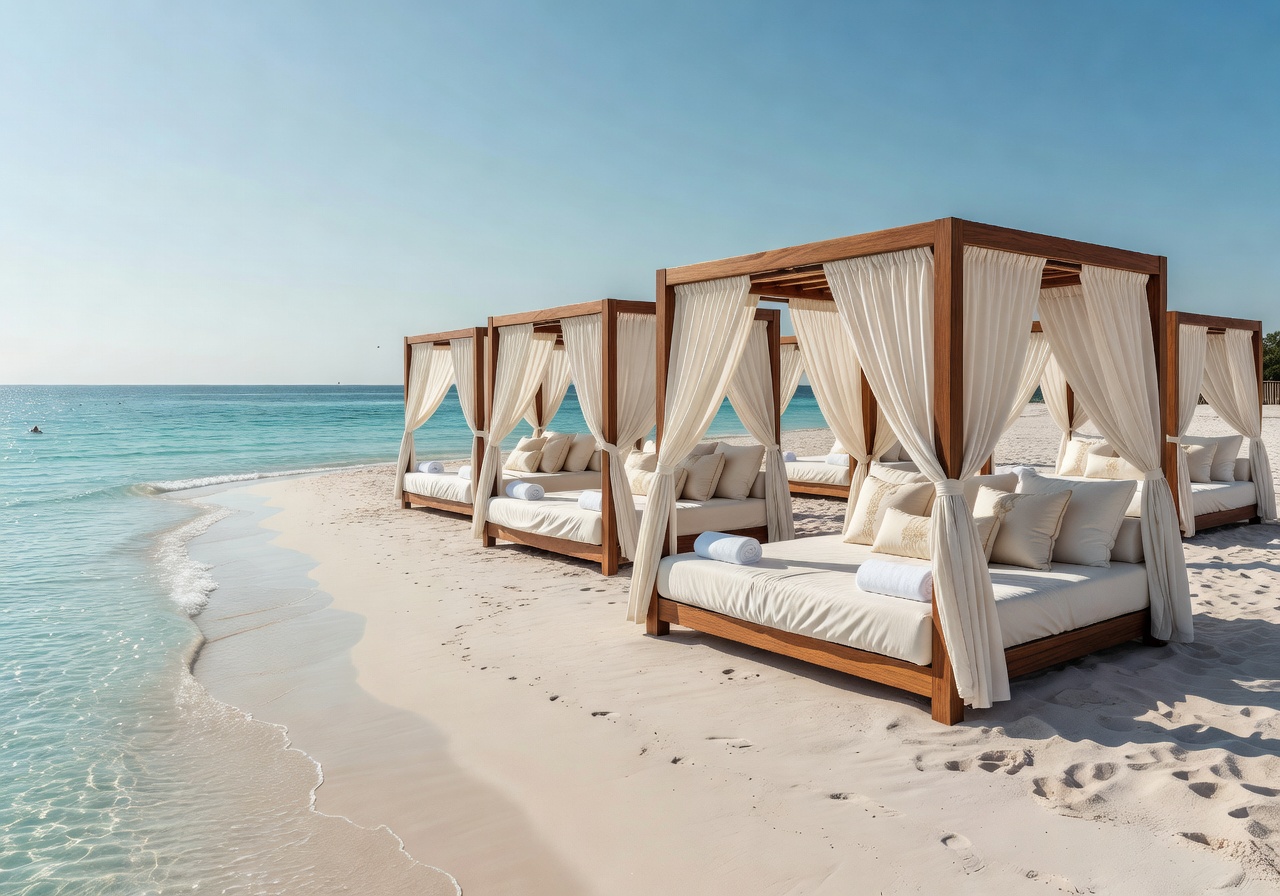 Luxurious cabanas on a quiet, sunny beach