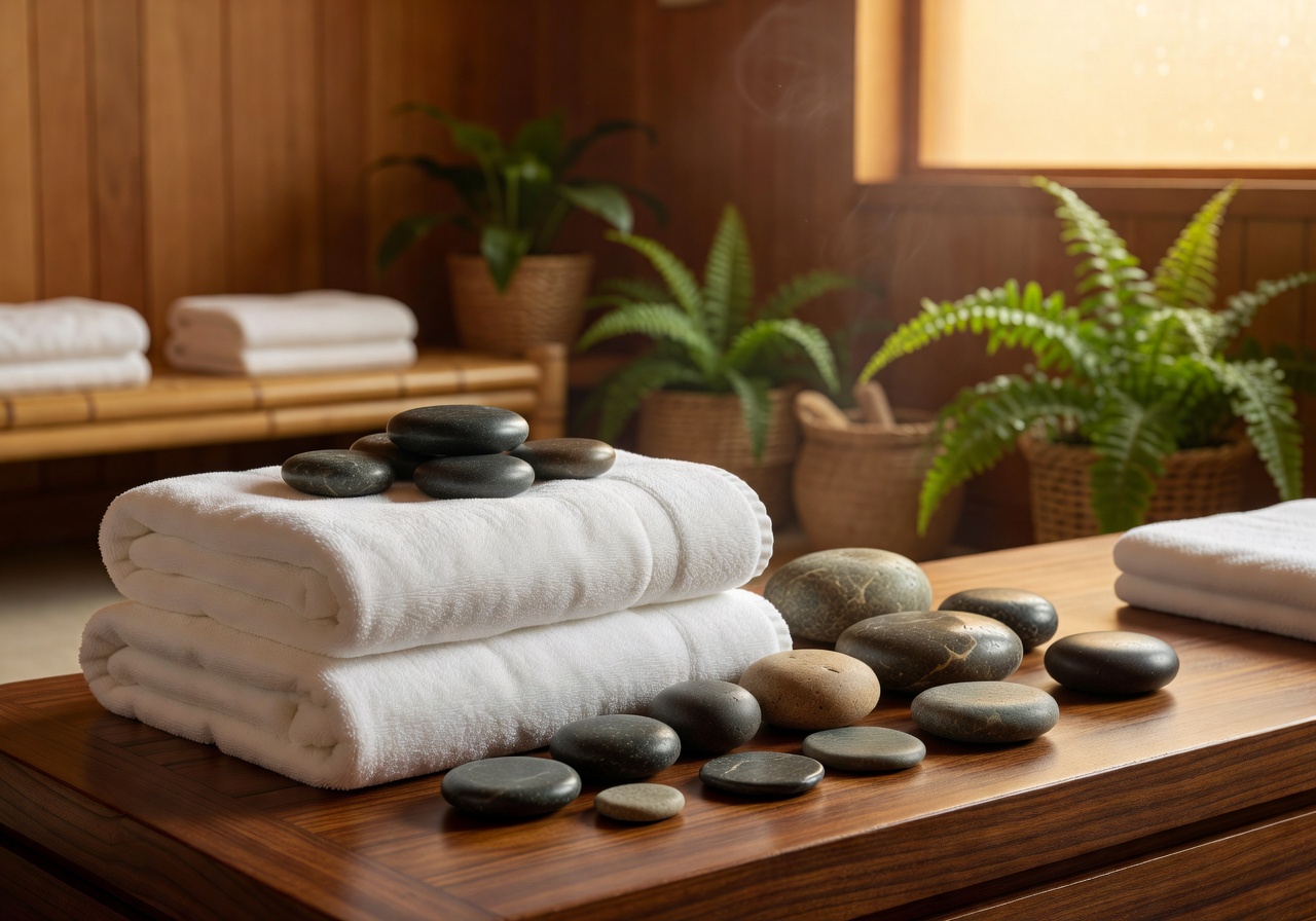 Warm towels and wellness stones at the SunHaven spa