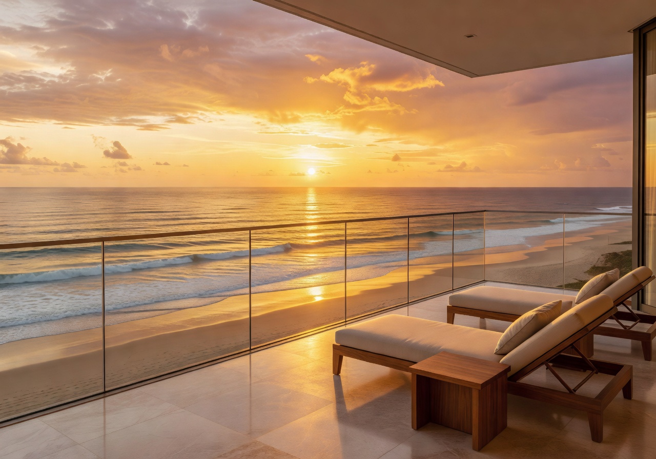 Sunset Penthouse balcony overlooking the beach at golden hour